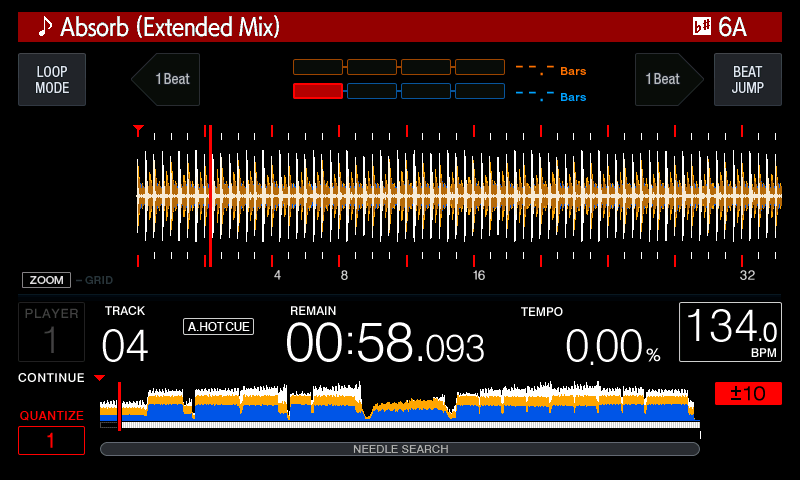 Beat numbers 4 8 16 32 under the waveform with the CDJ-3000-style playhead on the left