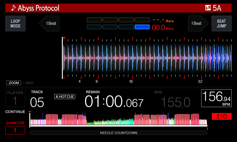 The BPM box showing 156.94 (155 BPM at +1.25 %), with Beat Numbers under the waveform