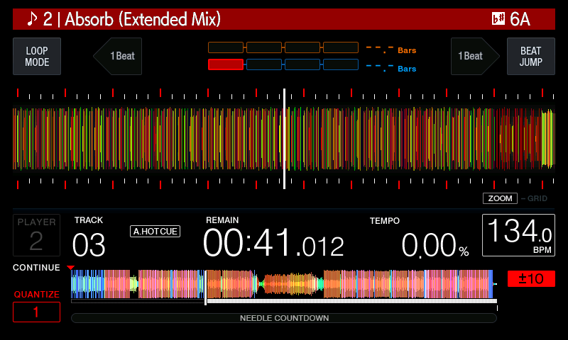 Deck 2 in focus: "2 | Absorb (Extended Mix)", PLAYER 2, its own waveform and tempo