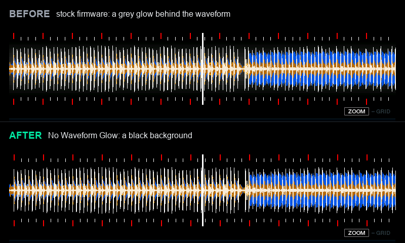Before and after: the stock grey glow behind the 3-band waveform (top), and the black background with No Waveform Glow (bottom)