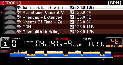 CDJ-2000NXS Browse list showing BPM and key beside each track (native firmware output in the emulator)
