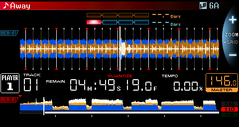 CDJ-2000NXS 3-Band detail and overview waveforms (native firmware output in the emulator)