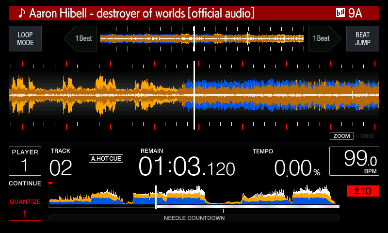 The tempo master's 3-band waveform with its beat grid in a strip above this player's detail waveform