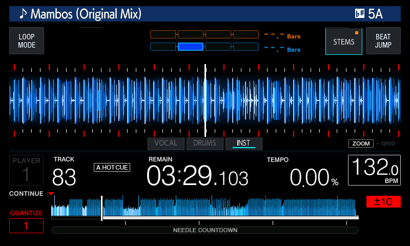 The STEMS button top right and the VOCAL / DRUMS / INST row under the waveform, with vocals and drums muted
