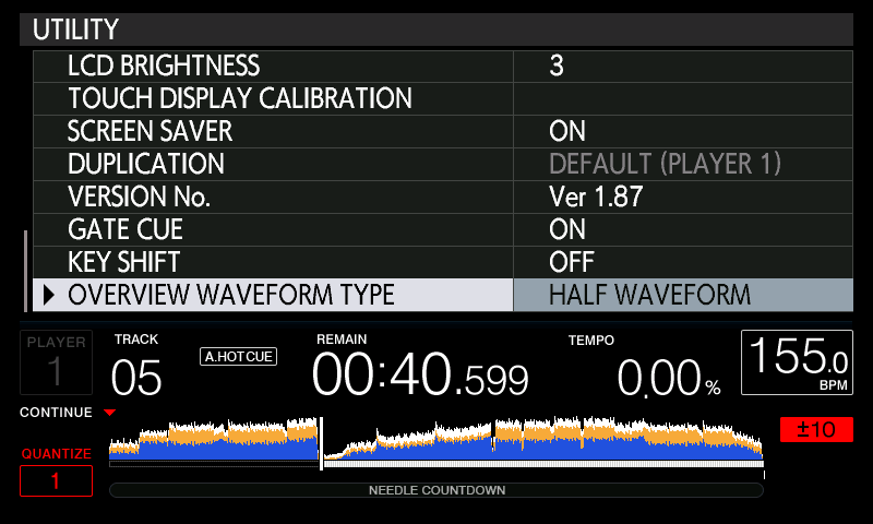 UTILITY menu with GATE CUE, KEY SHIFT and OVERVIEW WAVEFORM TYPE rows